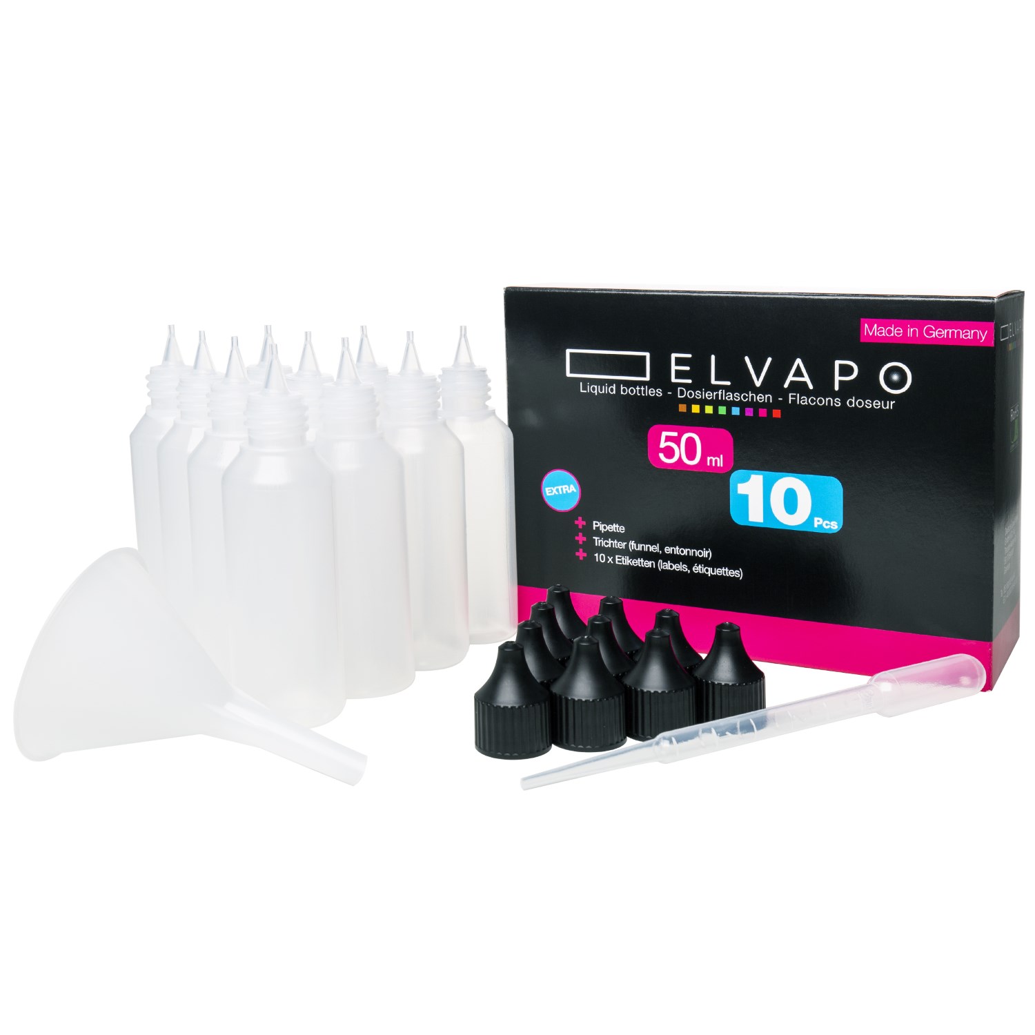elvapo_10x50ml_box_1500 10 x 50ml Liquid-Flaschen-Set + Trichter + Pipette + 10 Etiketten